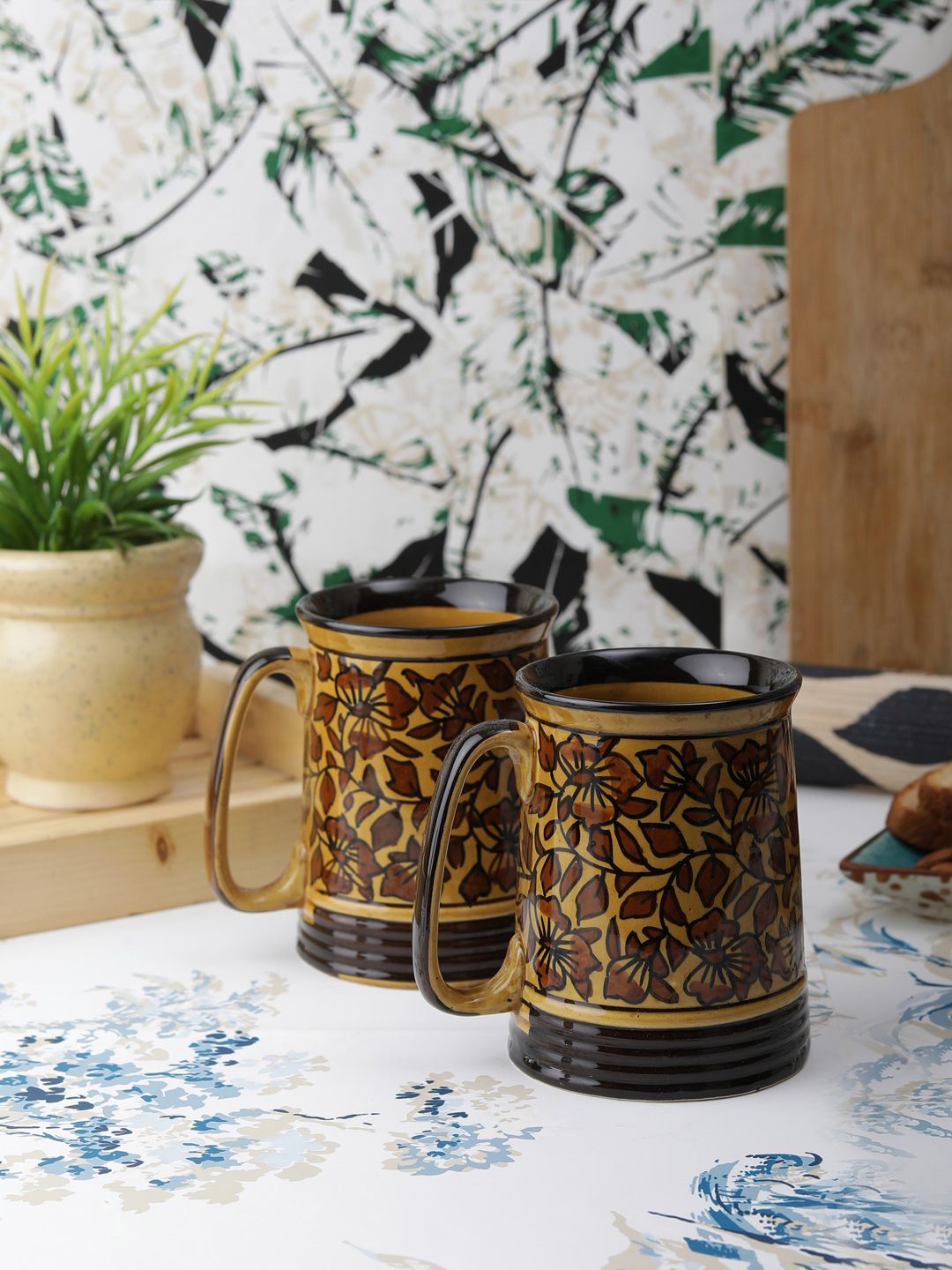 VarEesha Set of 2 Brown Printed Ceramic Mugs Price in India