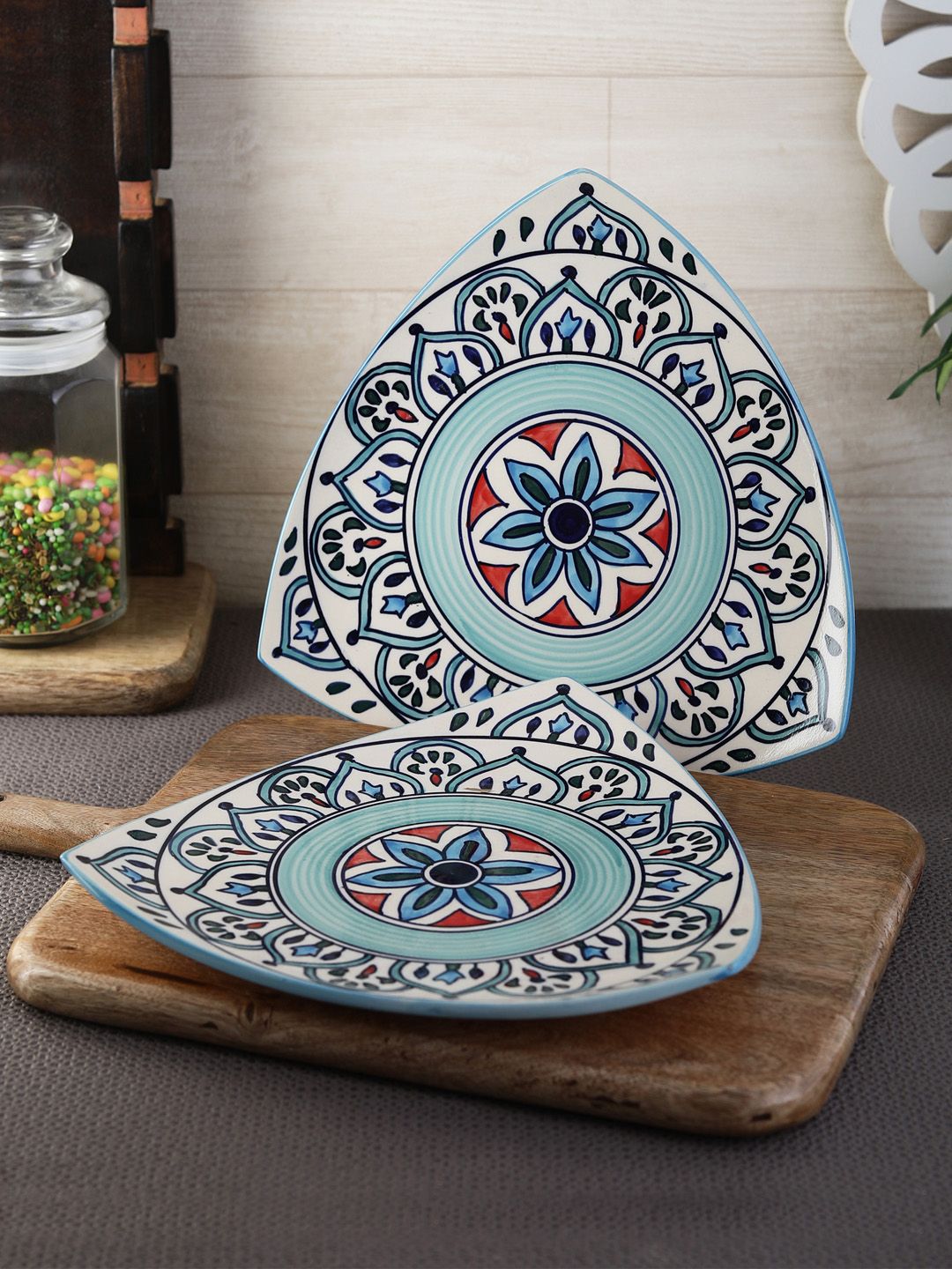 VarEesha Set of 2 Off-White & Green Printed Ceramic Plates Price in India