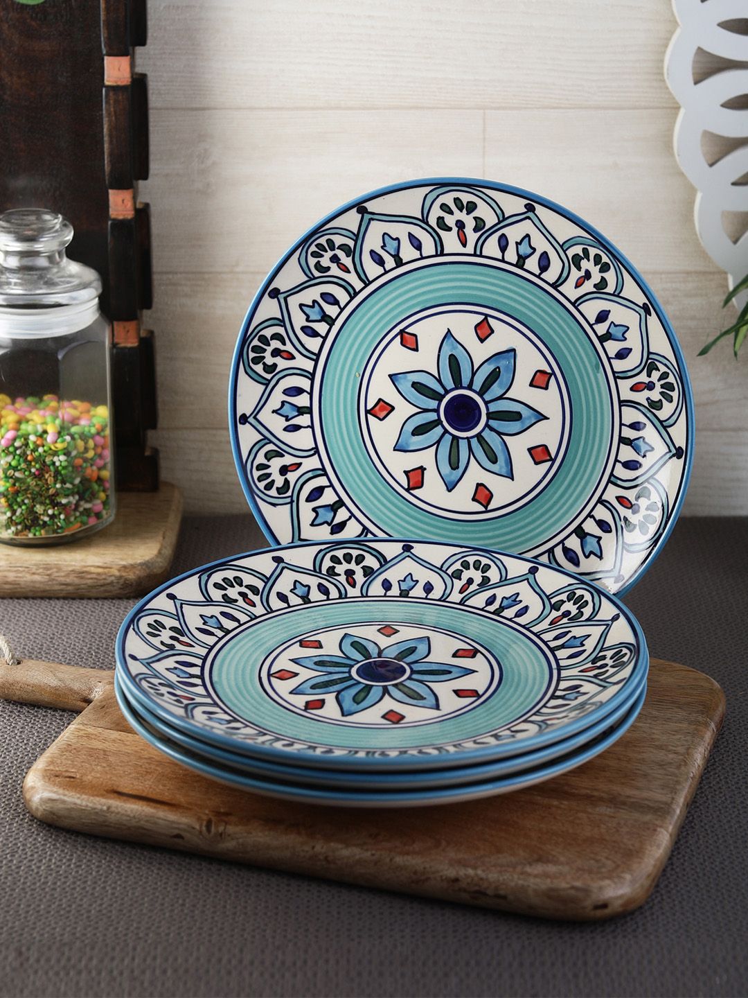 VarEesha Set of 4 Off-White & Blue Printed Ceramic Plates Price in India