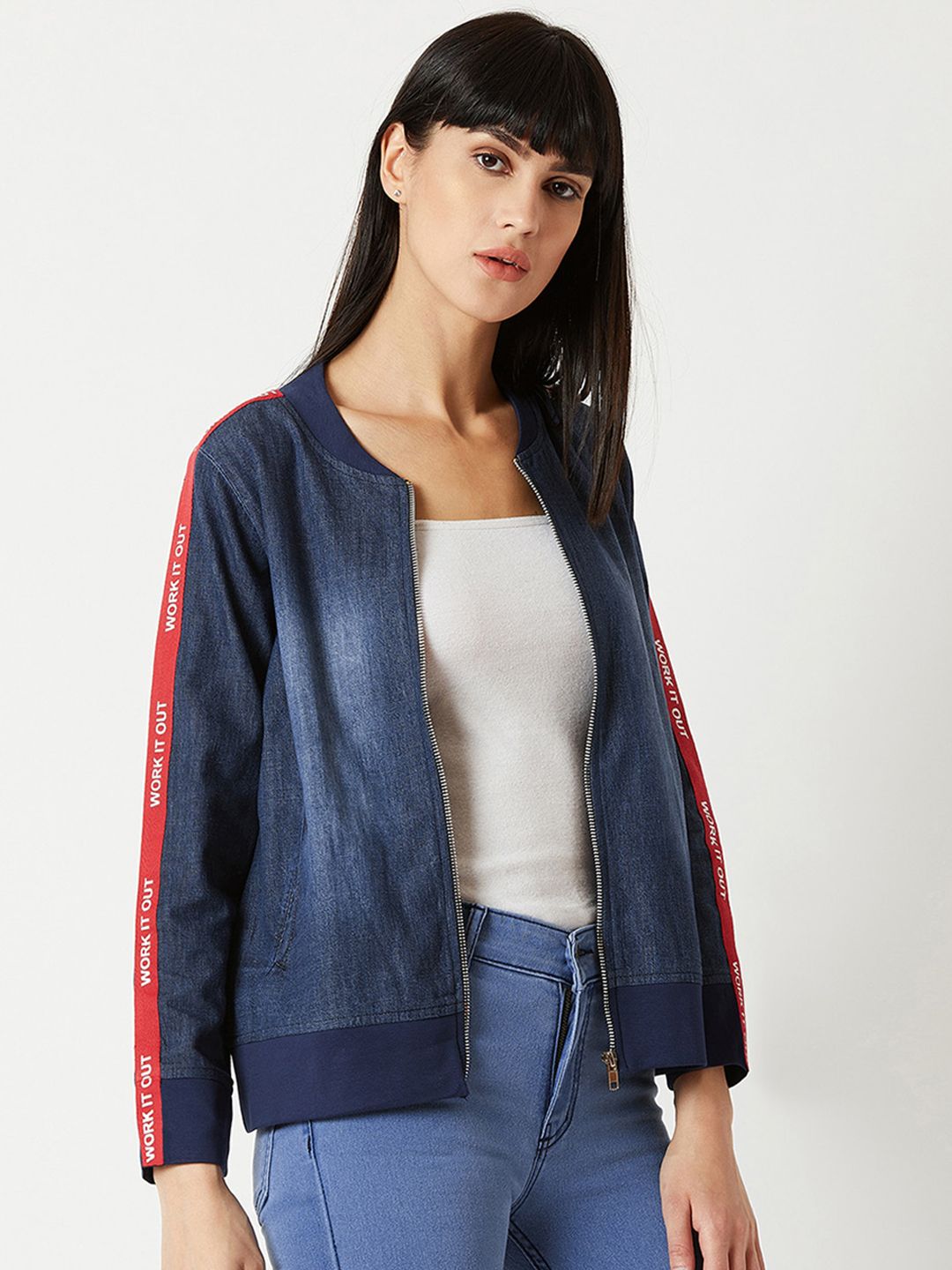 Miss Chase Women Navy Blue Solid Denim Bomber Price in India