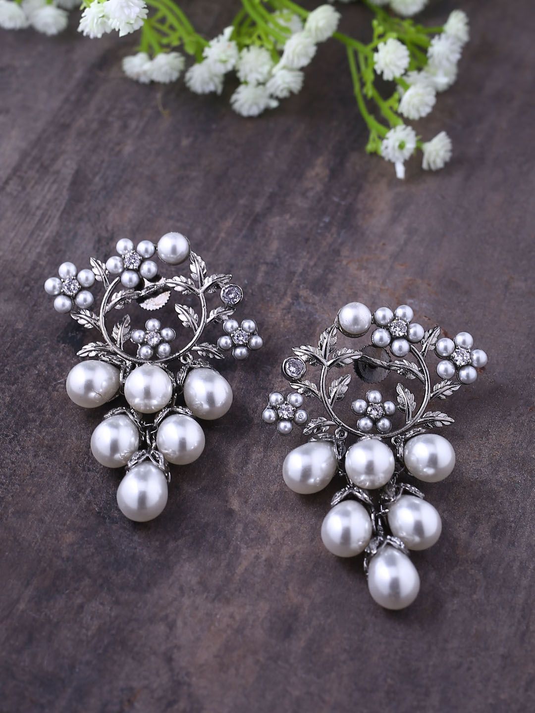 Shoshaa White & Gunmetal-Toned Contemporary Drop Earrings Price in India