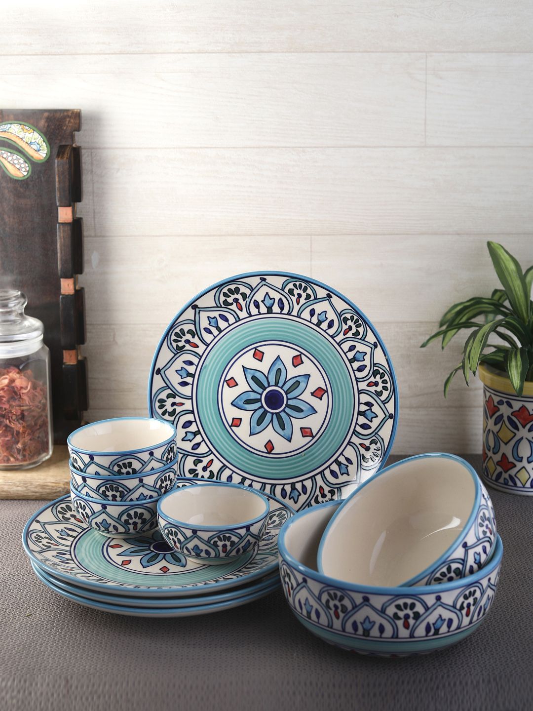 VarEesha Set of 10 Off-White & Blue Printed Ceramic Dinner Plates & Bowls Price in India