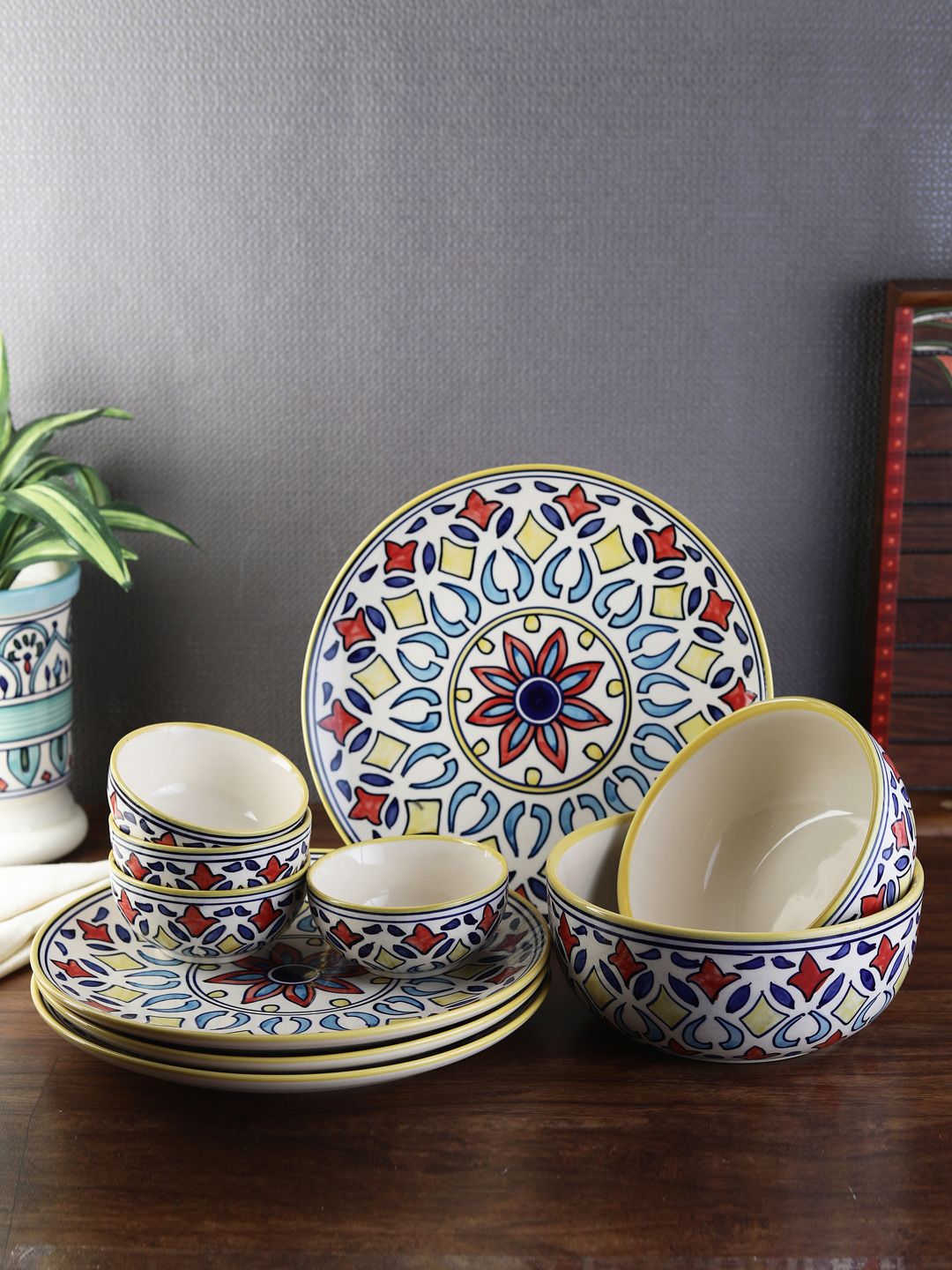 VarEesha Set of 10 Multicoloured Printed Ceramic Dinner Plates & Bowls Price in India