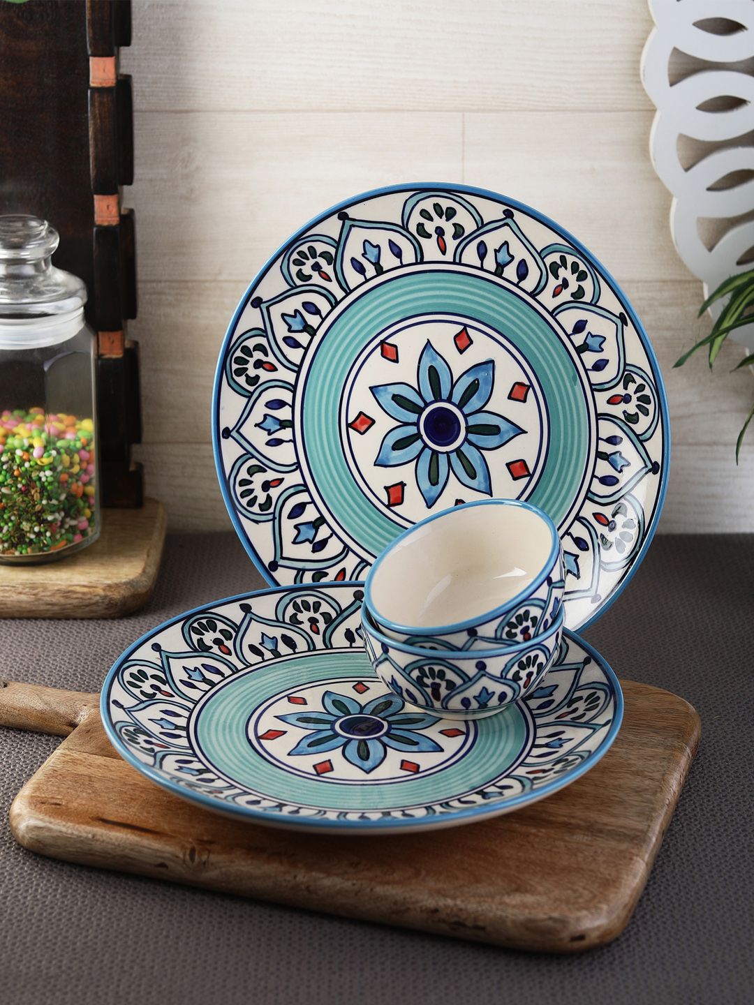 VarEesha Set of 4 Off-White & Blue Printed Ceramic Dinner Price in India