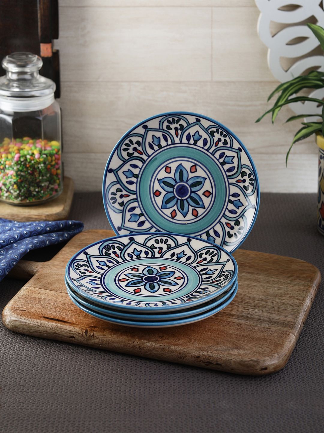VarEesha Set of 4 Off-White & Blue Printed Ceramic Plates Price in India