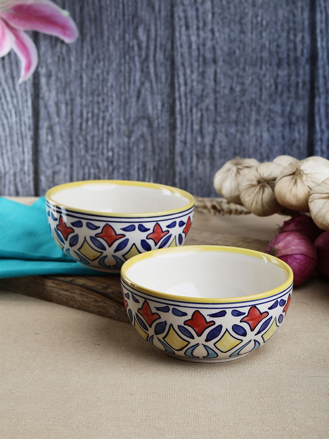 VarEesha Set of 2 Off-White Printed Ceramic Bowls Price in India