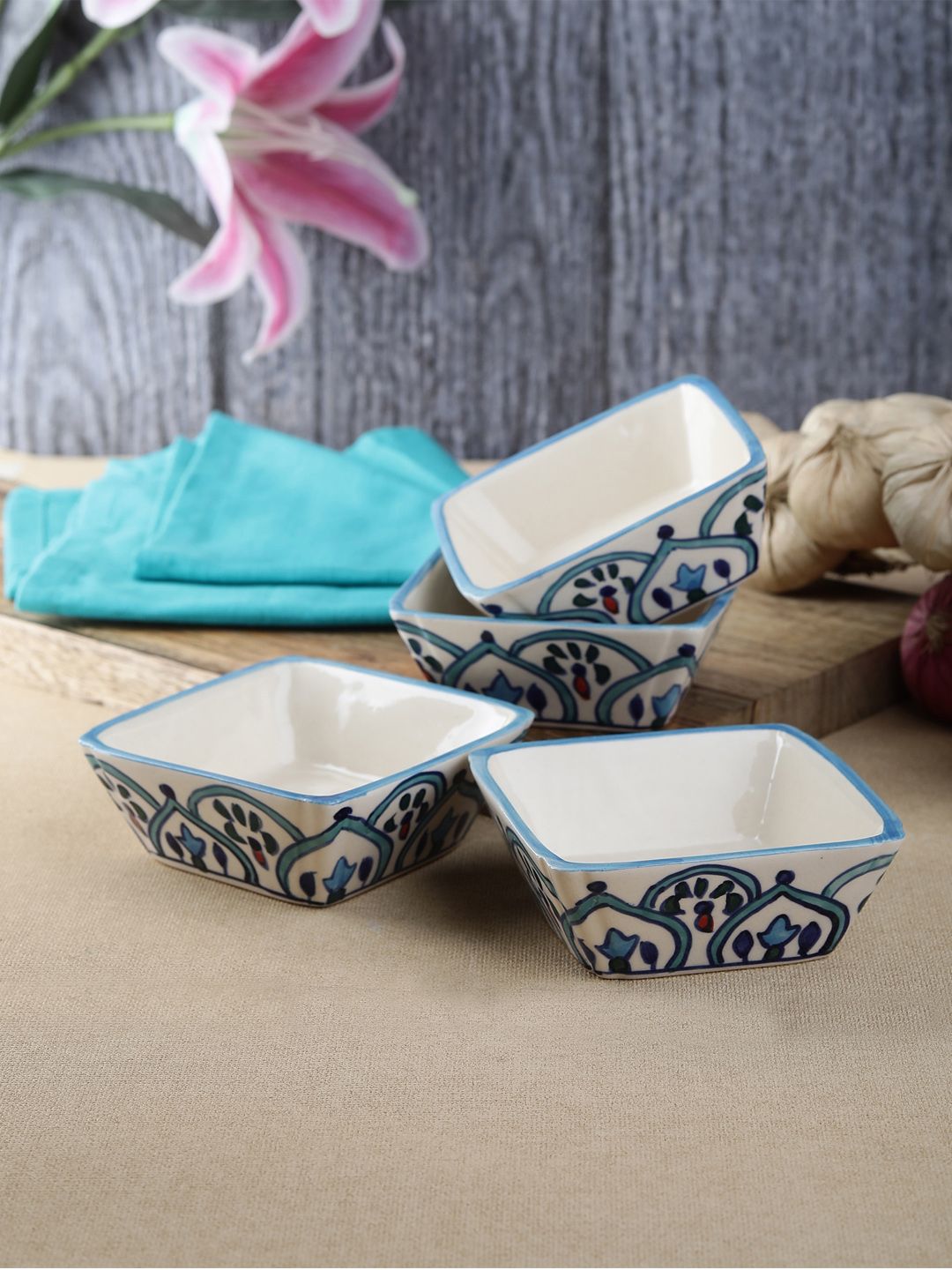 VarEesha Set of 4 Navy Blue & Off-White Printed Ceramic Bowls Price in India