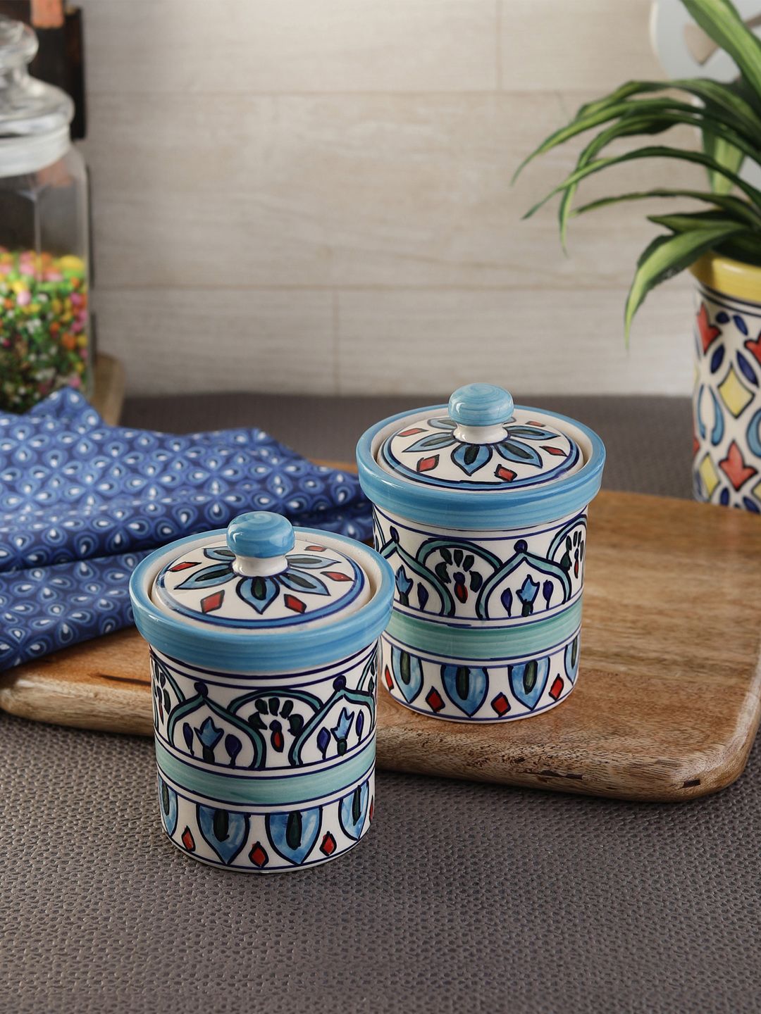 VarEesha Set of 2 Off-White & Blue Ceramic Jars with Lids Price in India