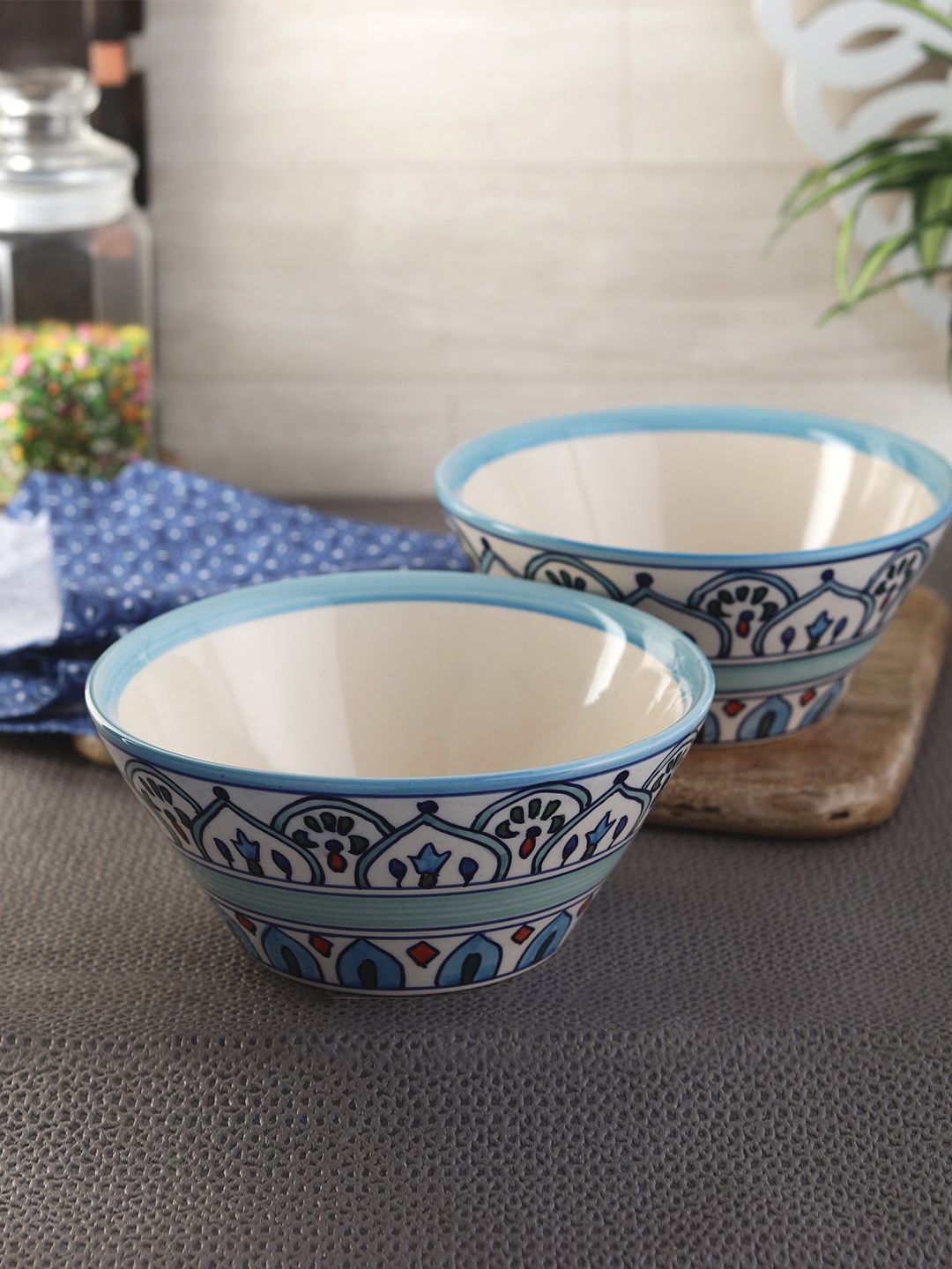 VarEesha Set of 2 Navy Blue & Off-White Printed Ceramic Bowls Price in India