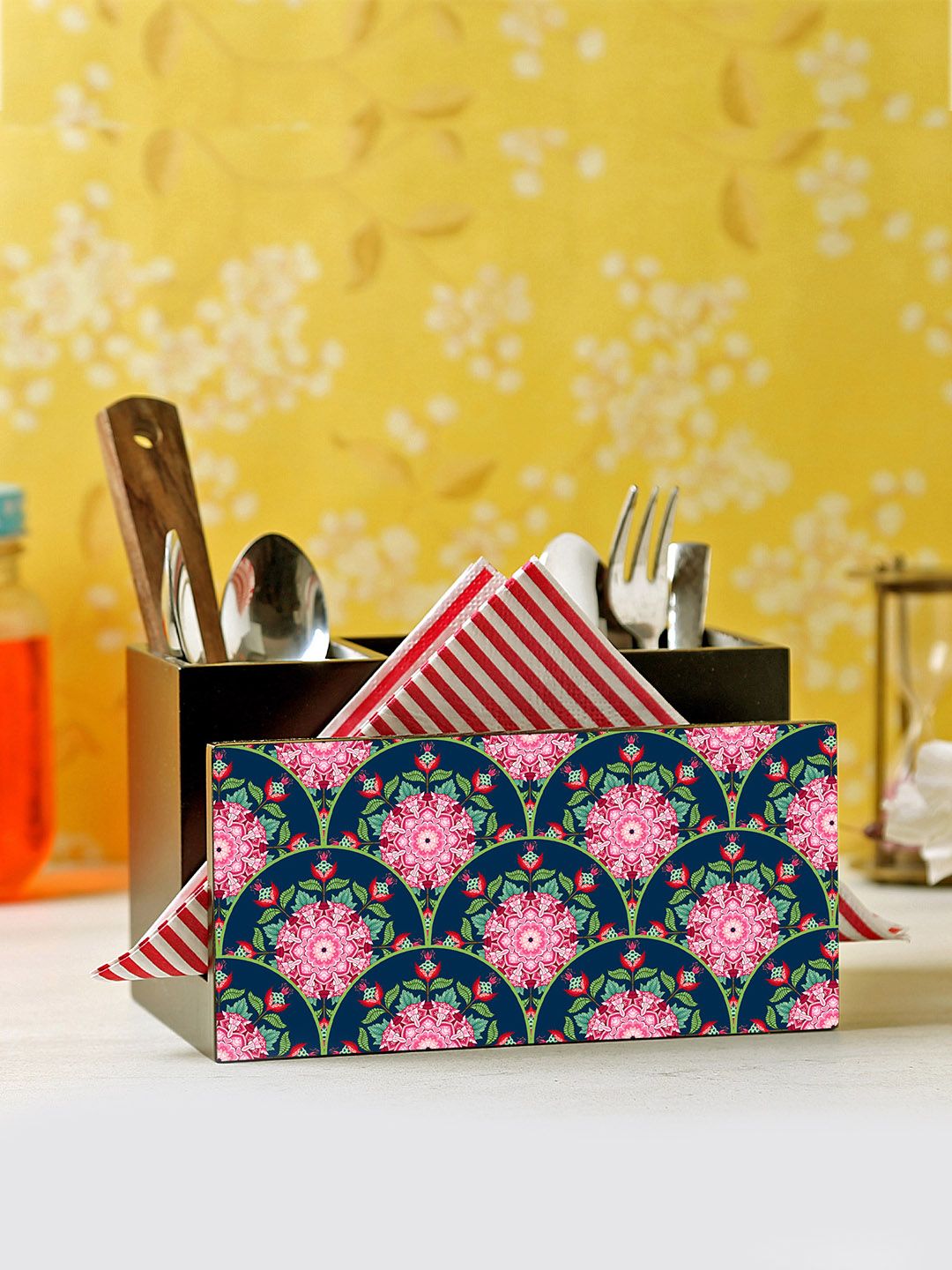 Reinvention Factory Black & Pink Printed Wooden Cutlery & Tissue Holder Price in India