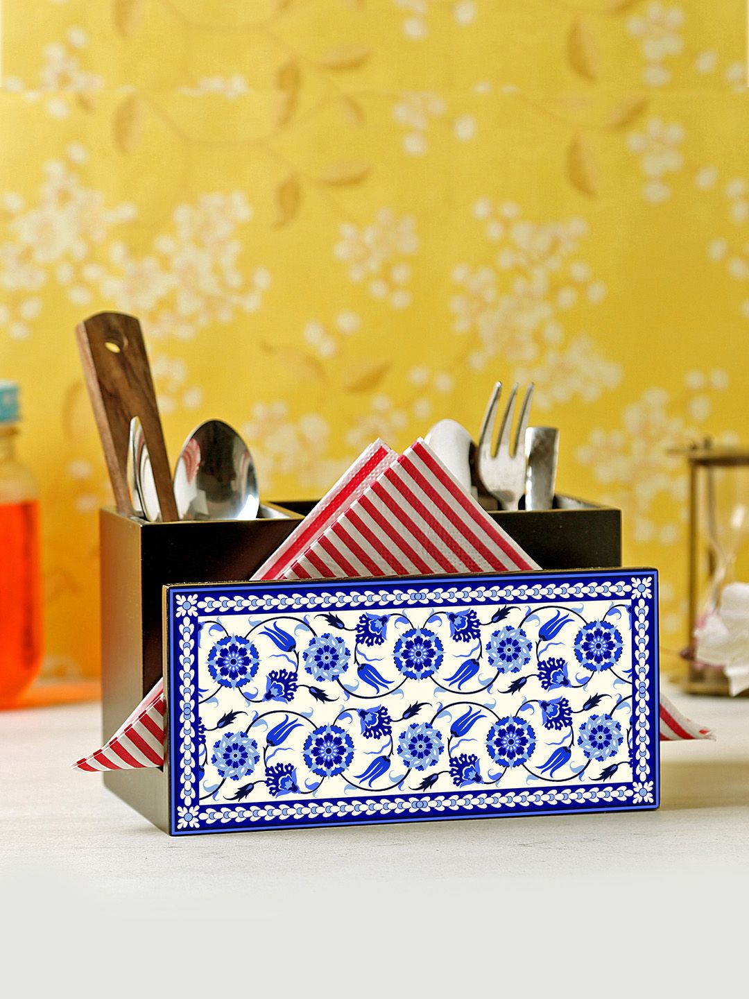 Reinvention Factory Black & Blue Printed Wooden Cutlery & Tissue Holder Price in India