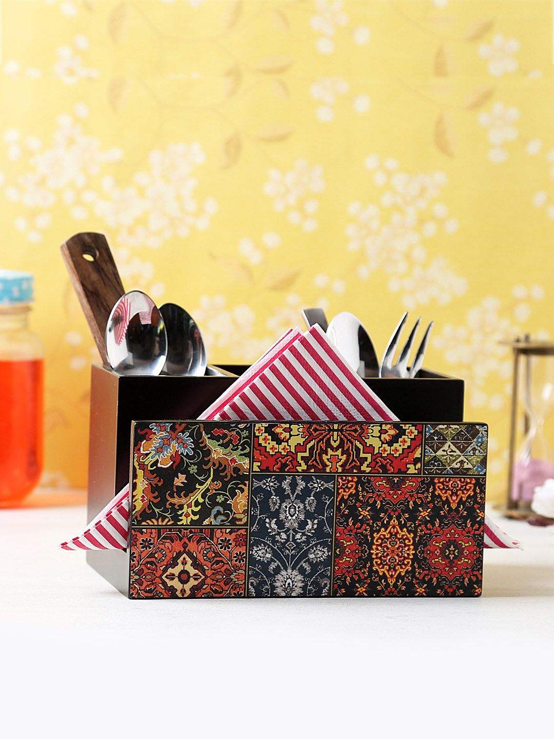 Reinvention Factory Black & Red Printed Wooden Cutlery & Tissue Holder Price in India