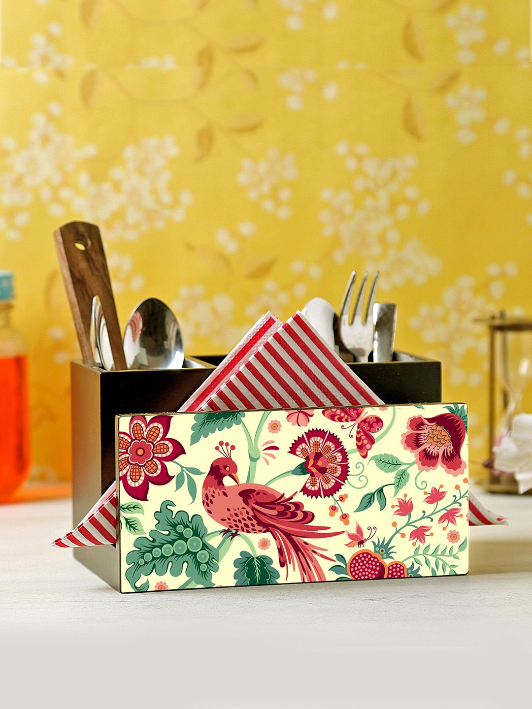 Reinvention Factory Yellow & Red Printed Wooden Cutlery & Tissue Holder Price in India
