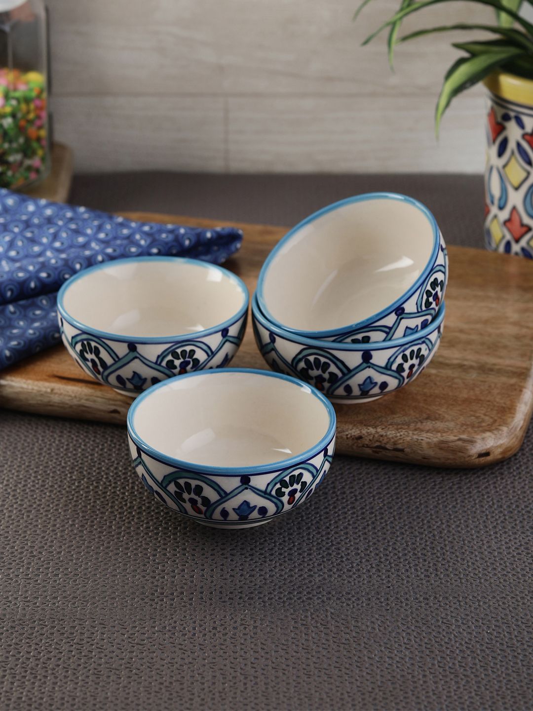 VarEesha Set of 4 Blue & Off-White Printed Ceramic Bowls Price in India