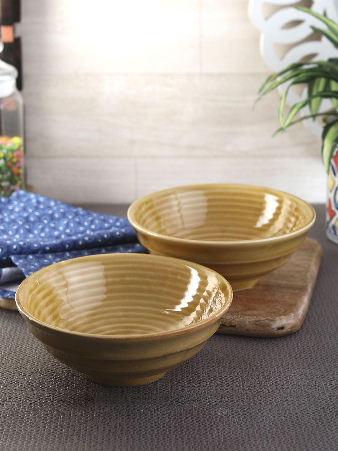 VarEesha Set of 2 Mustard Yellow Printed Ceramic Bowls Price in India