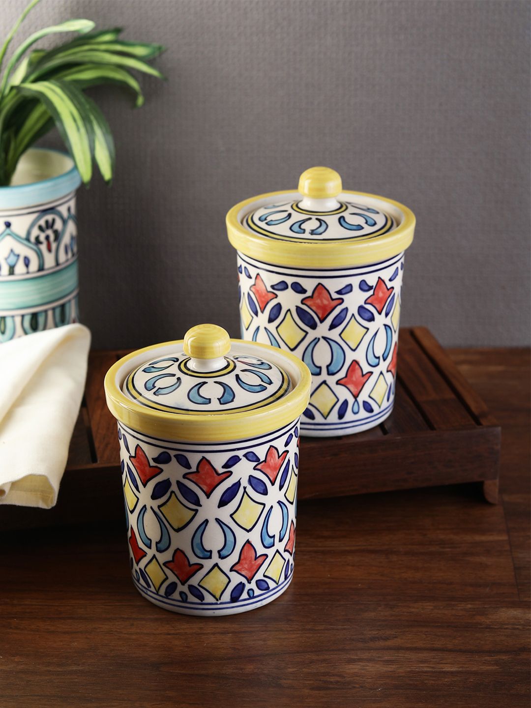 VarEesha Set of 2 Off-White & Multicoloured Ceramic Jars with Lids Price in India