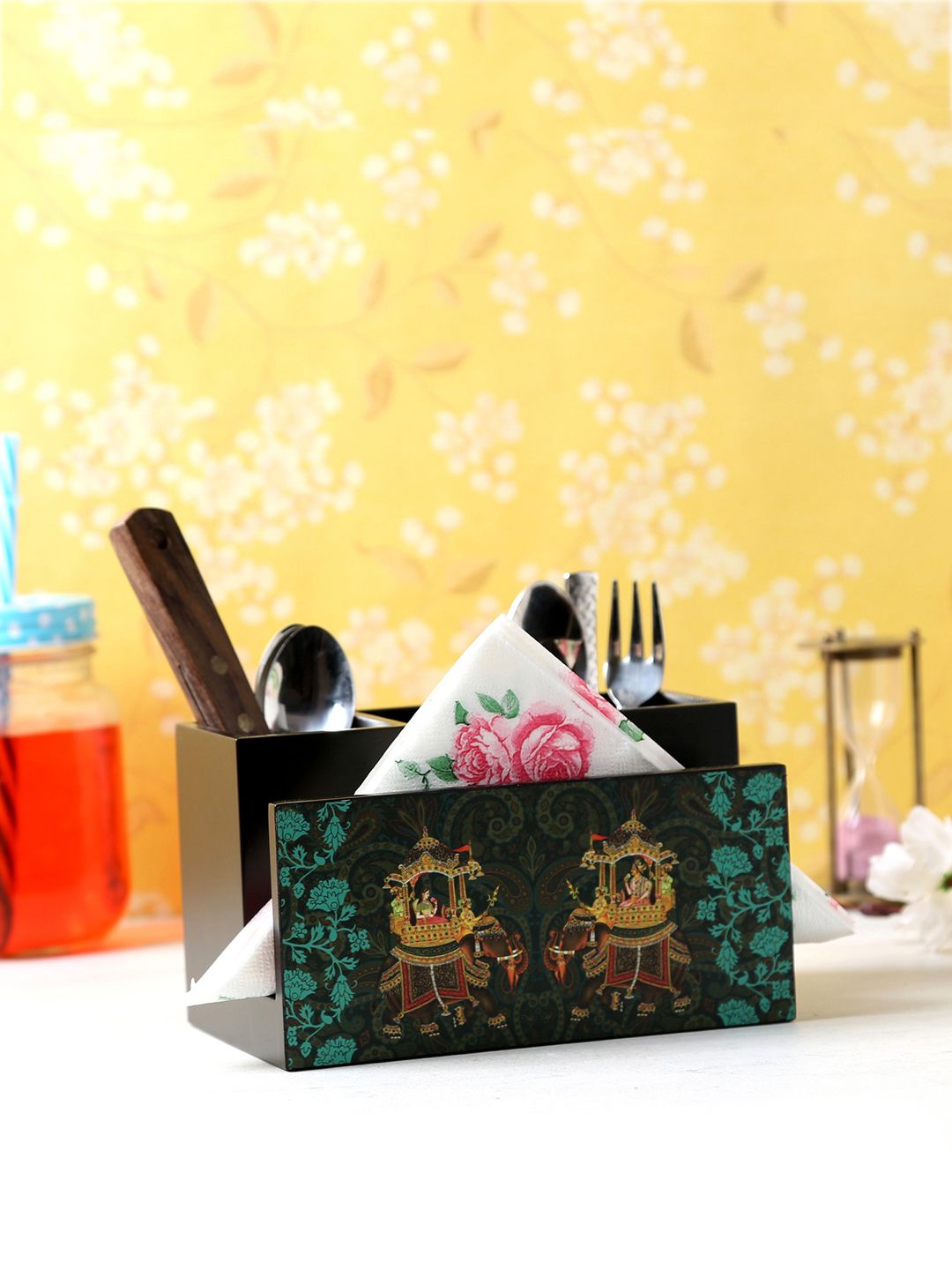 Reinvention Factory Black & Green Printed Wooden Cutlery & Tissue Holder Price in India