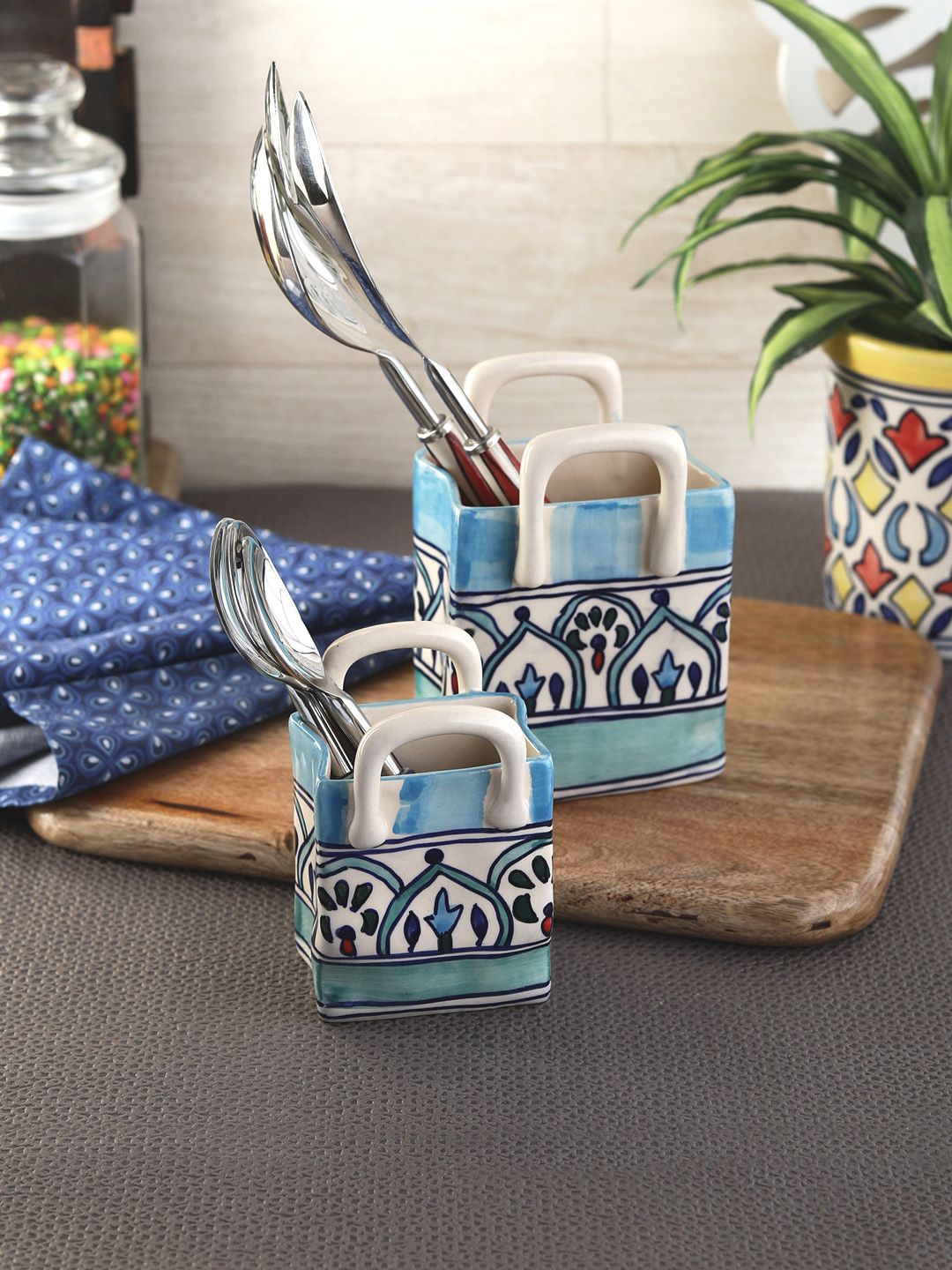 VarEesha Set of 2 Off-White & Blue Ceramic Cutlery Basket Holders Price in India