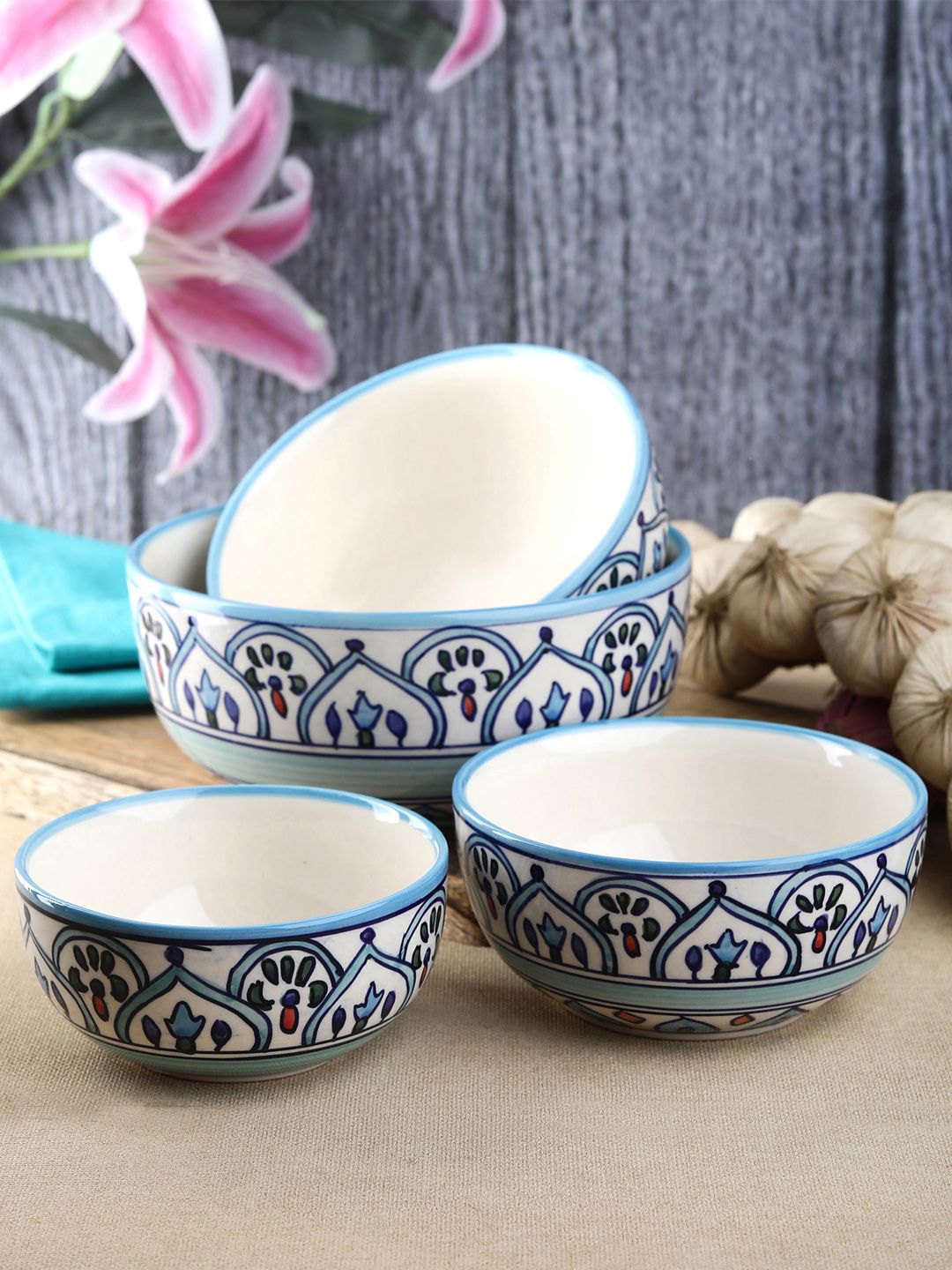VarEesha Set of 4 Navy Blue & Off-White Printed Ceramic Bowls Price in India