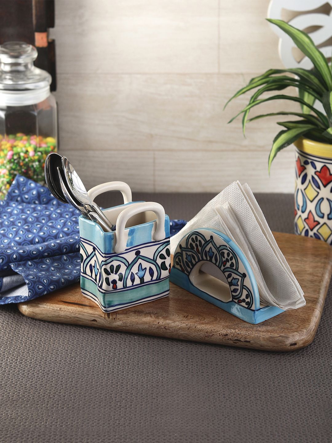VarEesha Set of 2 Off-White & Blue Printed Ceramic Tissue Holder with Cutlery Holder Price in India