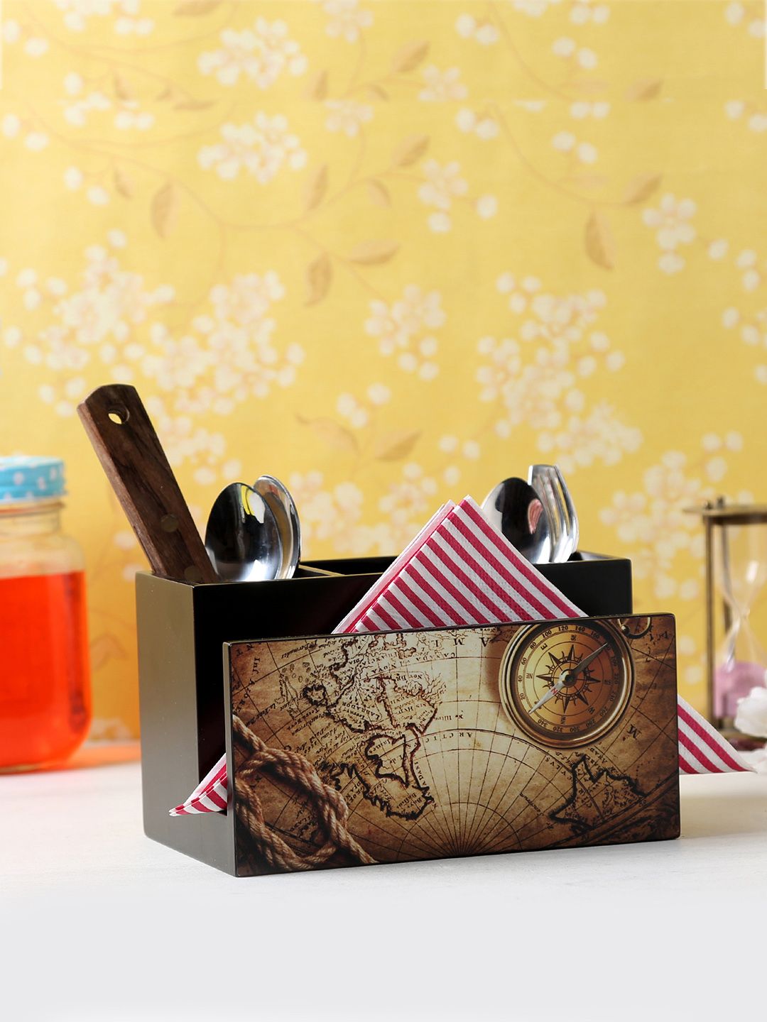 Reinvention Factory Black & Brown Printed Wooden Cutlery & Tissue Holder Price in India