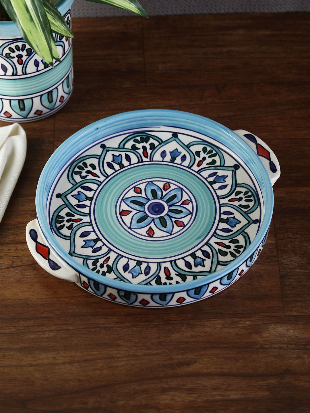 VarEesha Off-White & Blue Printed Ceramic Serving Plate Price in India