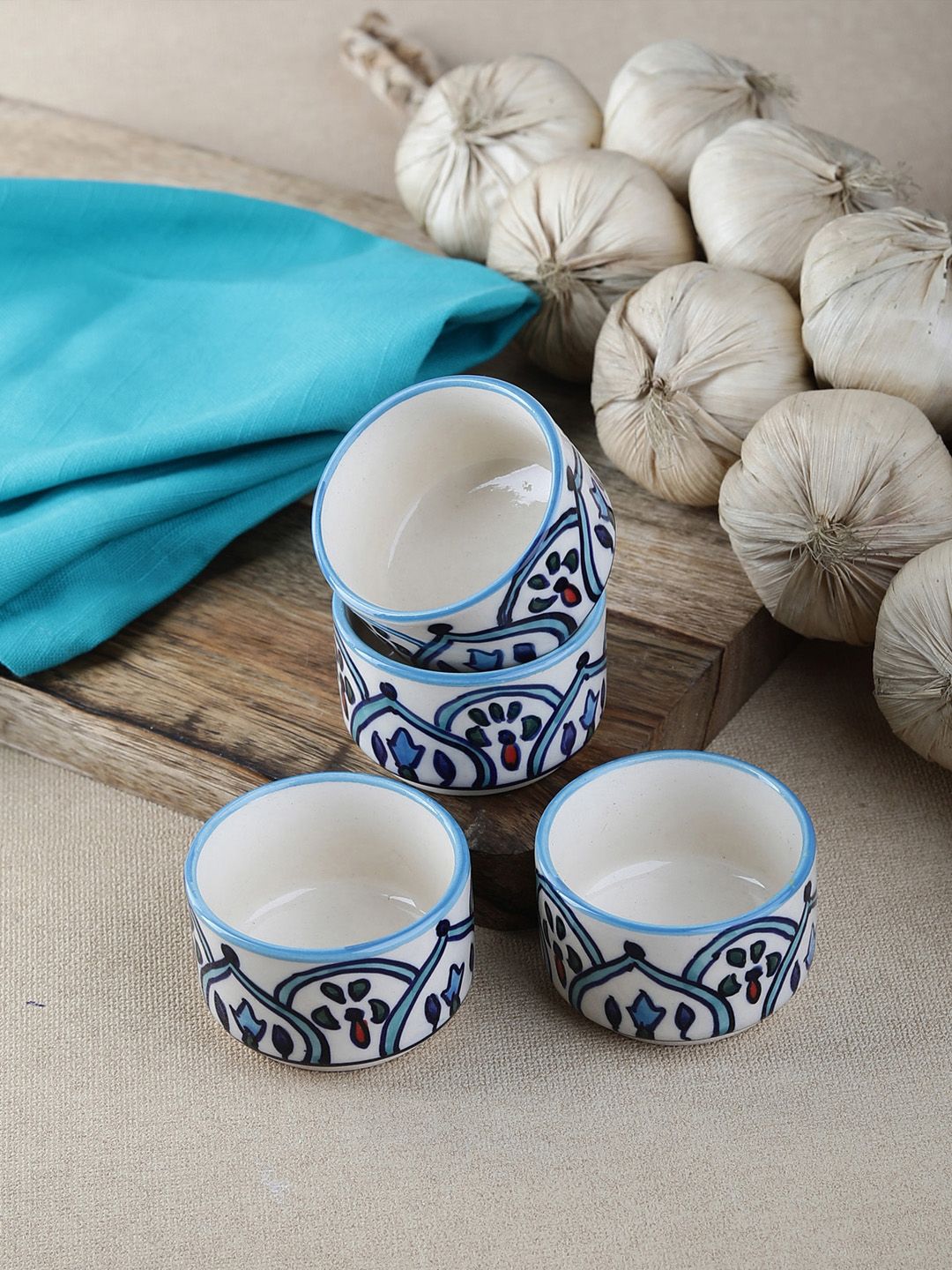 VarEesha Set of 4 Navy Blue & Off-White Printed Ceramic Bowls Price in India