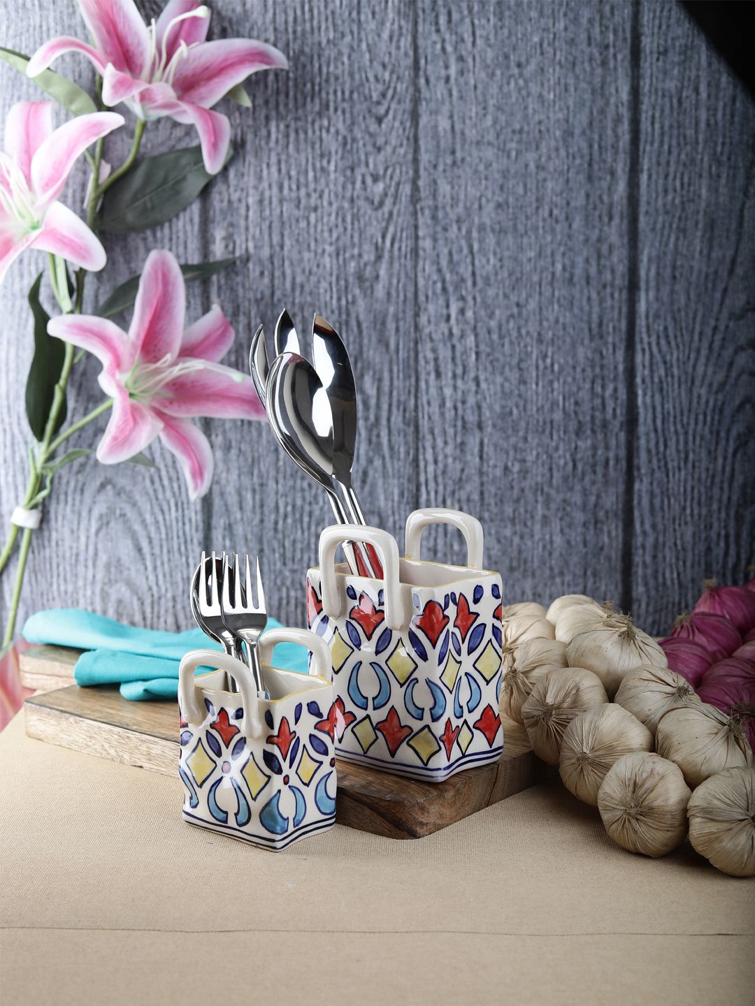 VarEesha Set of 2 Off-White & Red Hand-Painted Ceramic Cutlery Holder Price in India