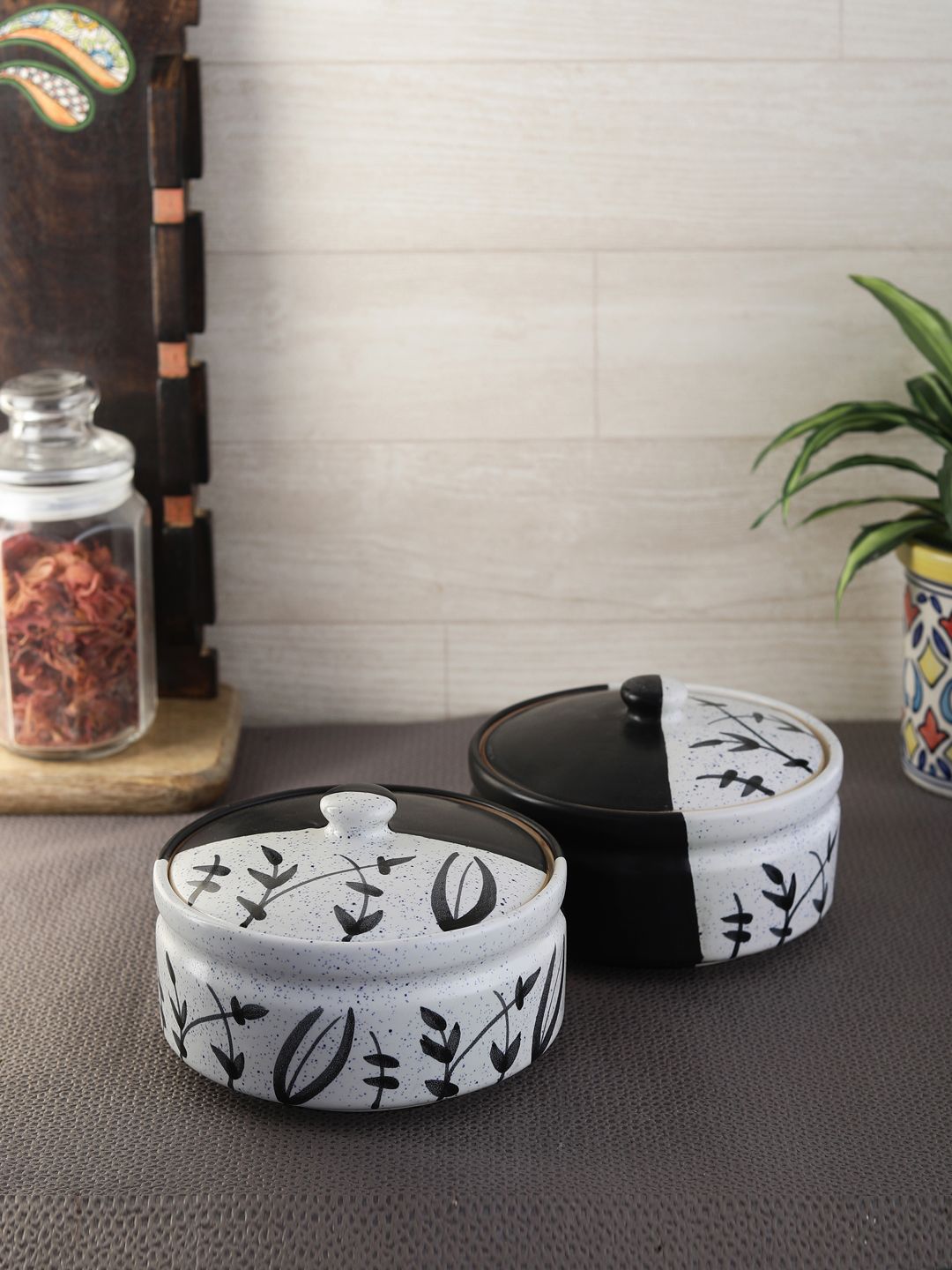 VarEesha Set of 2 Black Printed Ceramic Serving Bowls with Lids Price in India