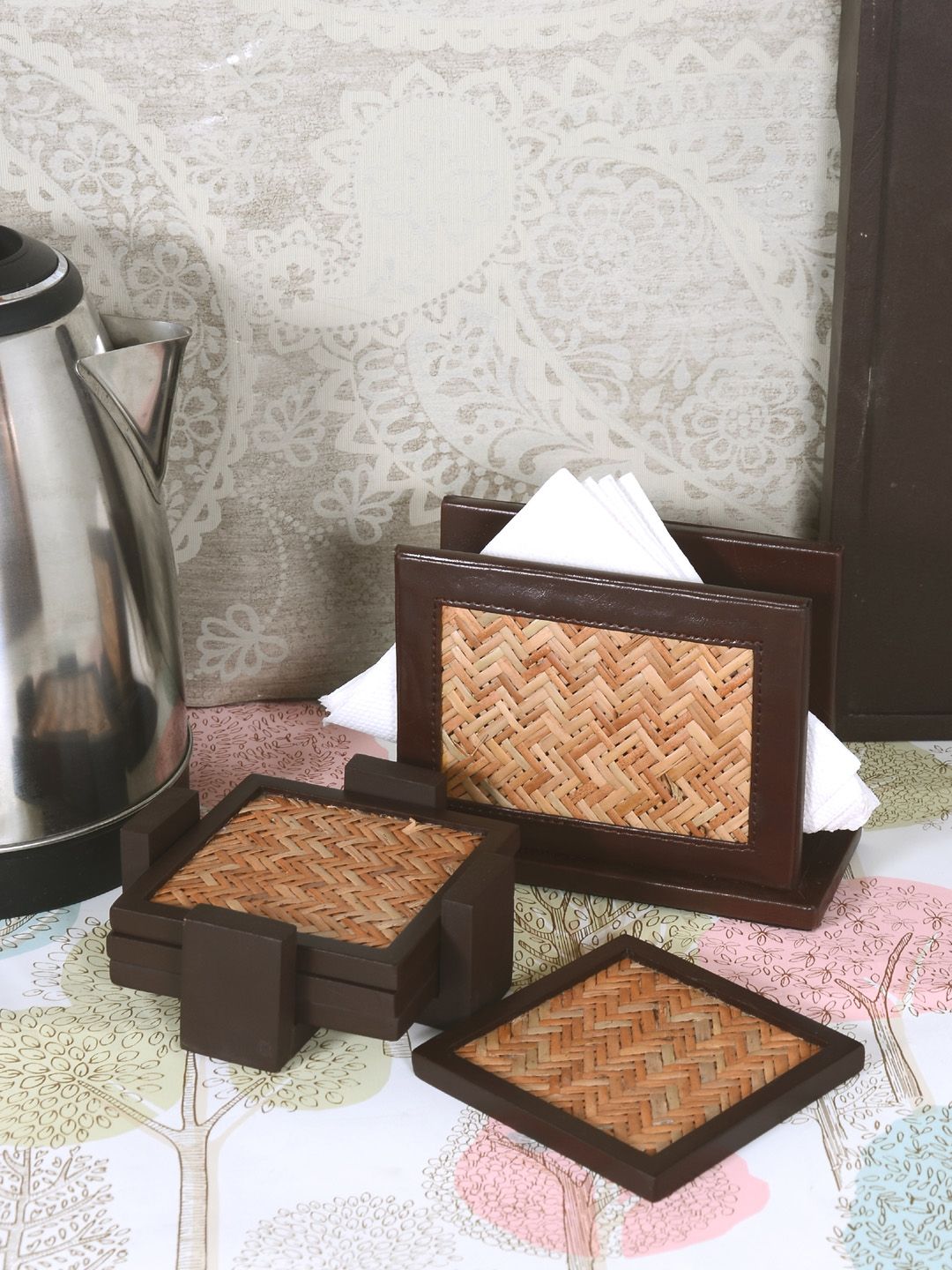 VarEesha Brown & Beige Set of 2 Textured Wood Tissue Holder with Coasters Price in India