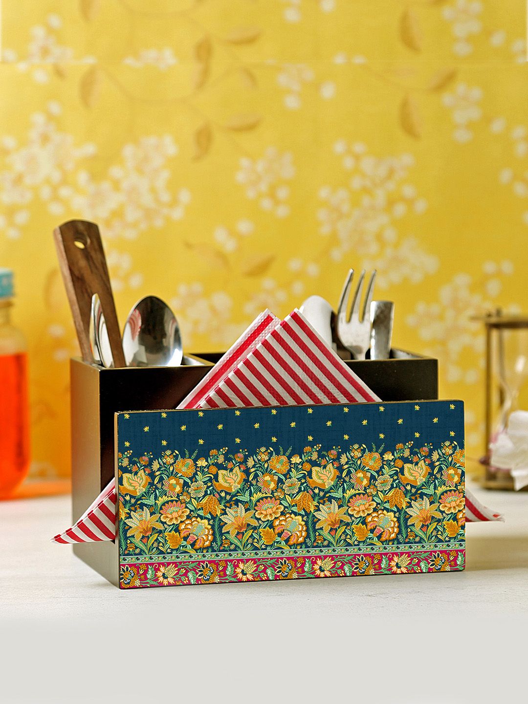 Reinvention Factory Multicoloured Printed Wooden Cutlery & Tissue Holder Price in India