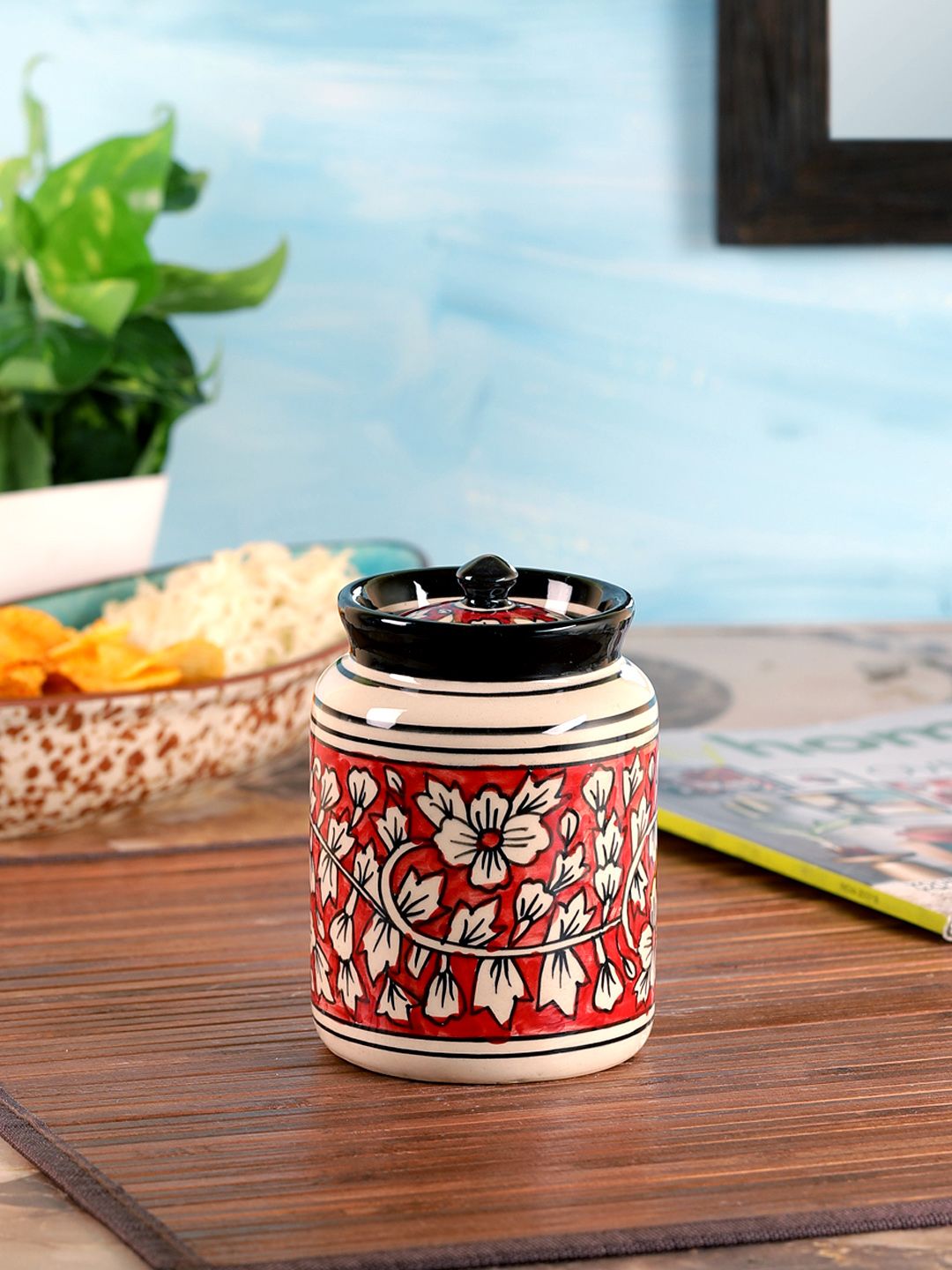 VarEesha Red & Cream-Coloured Ceramic Handpainted Jar with Lid Price in India