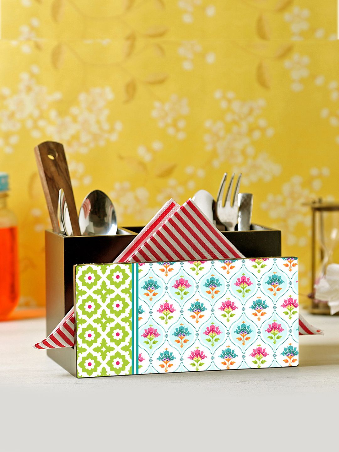 Reinvention Factory Black & White Printed Wooden Cutlery & Tissue Holder Price in India