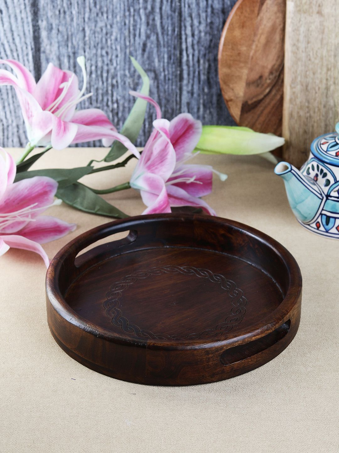 VarEesha Brown Mango Wooden Round Serving Tray Price in India