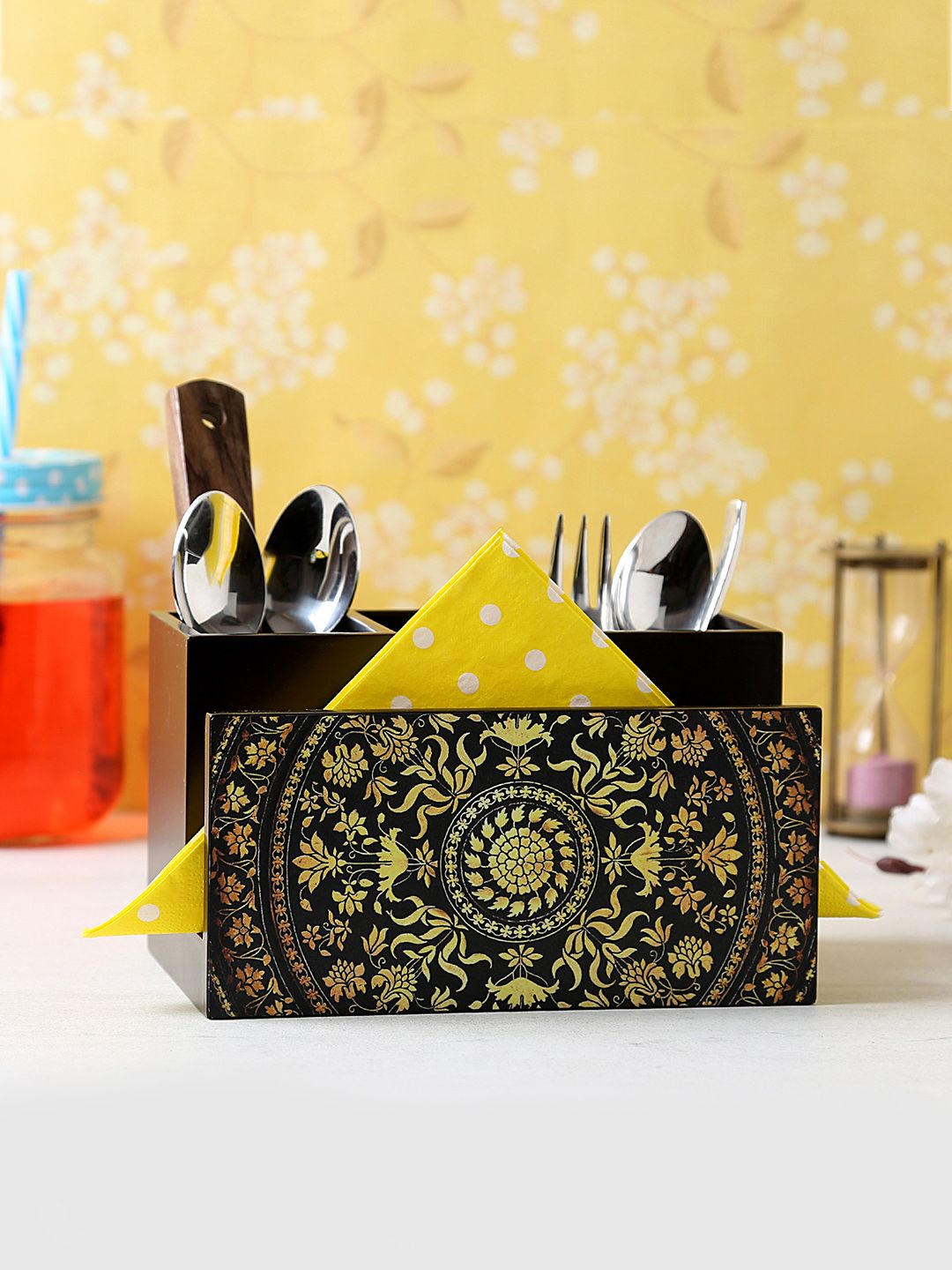 Reinvention Factory Black & Yellow Printed Wooden Cutlery & Tissue Holder Price in India