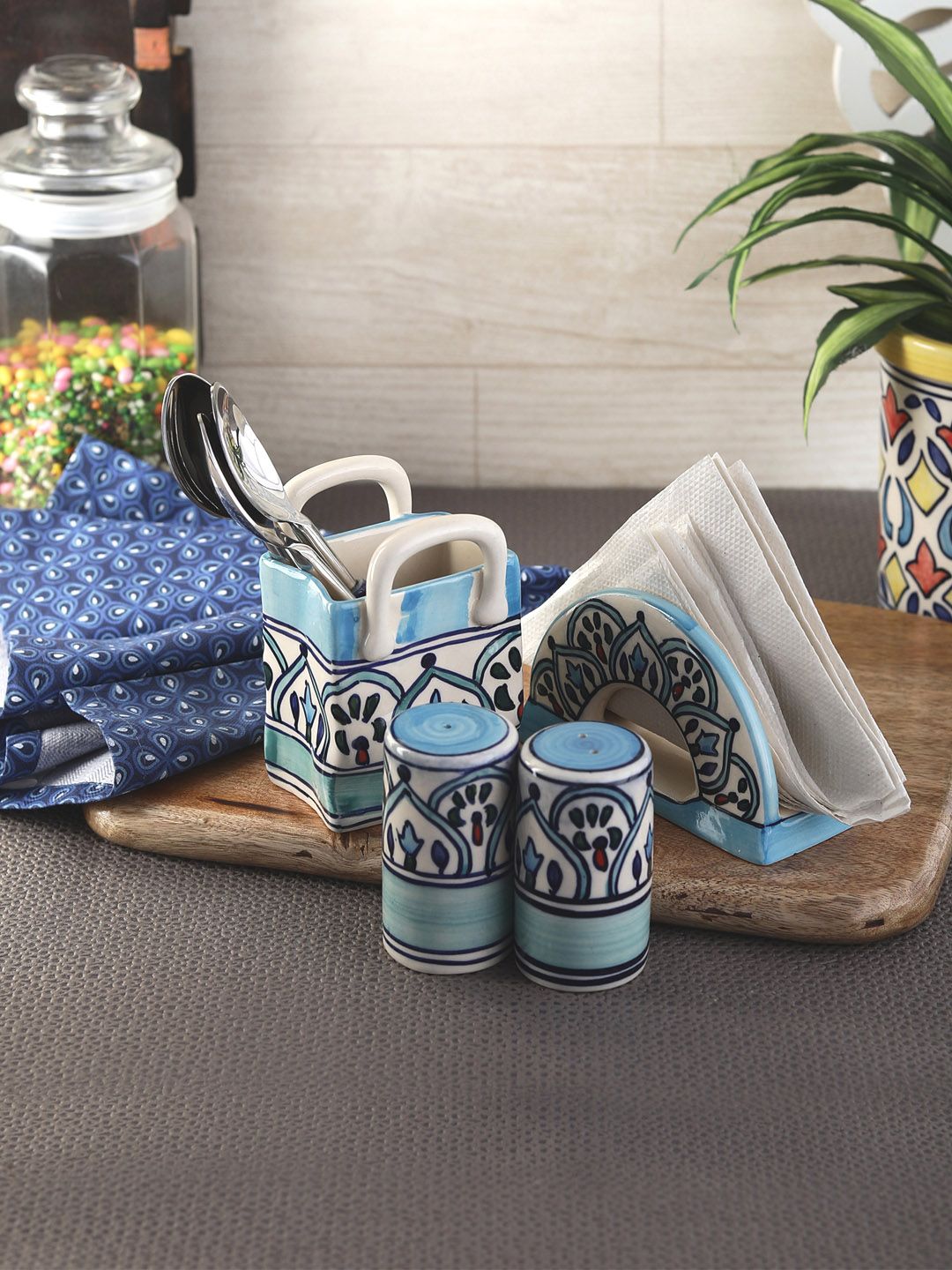 VarEesha Set of 4 Off-White & Blue Napkin and Cutlery Holder with Salt & Pepper Shakers Price in India