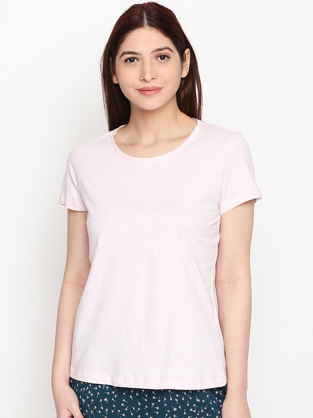Dreamz by Pantaloons Women Pink Solid Round Neck Pure Cotton Lounge T-shirt Price in India