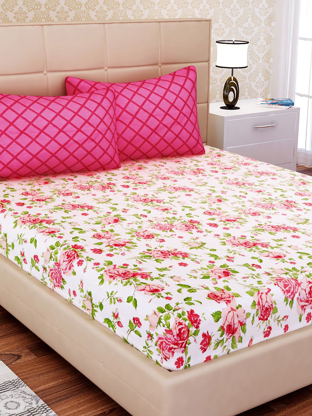 SEJ by Nisha Gupta White & Pink Floral 144 TC Cotton 1 King Bedsheet with 2 Pillow Covers Price in India
