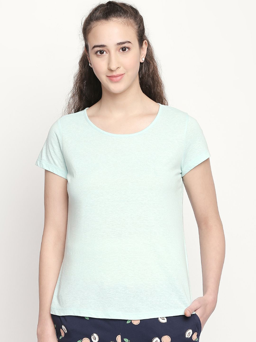 Dreamz by Pantaloons Women Green Solid Round Neck Pure Cotton Lounge T-shirt Price in India