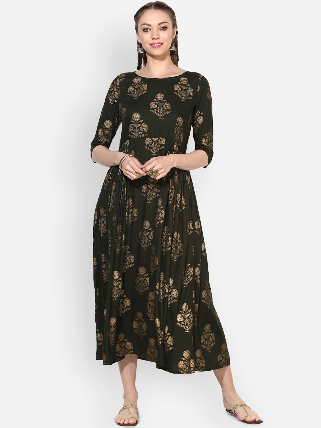 Myshka Women Olive Green Printed A-Line Dress Price in India