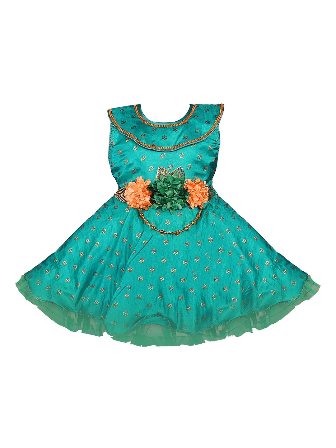 Wish Karo Girls Teal Green Printed Fit and Flare Dress