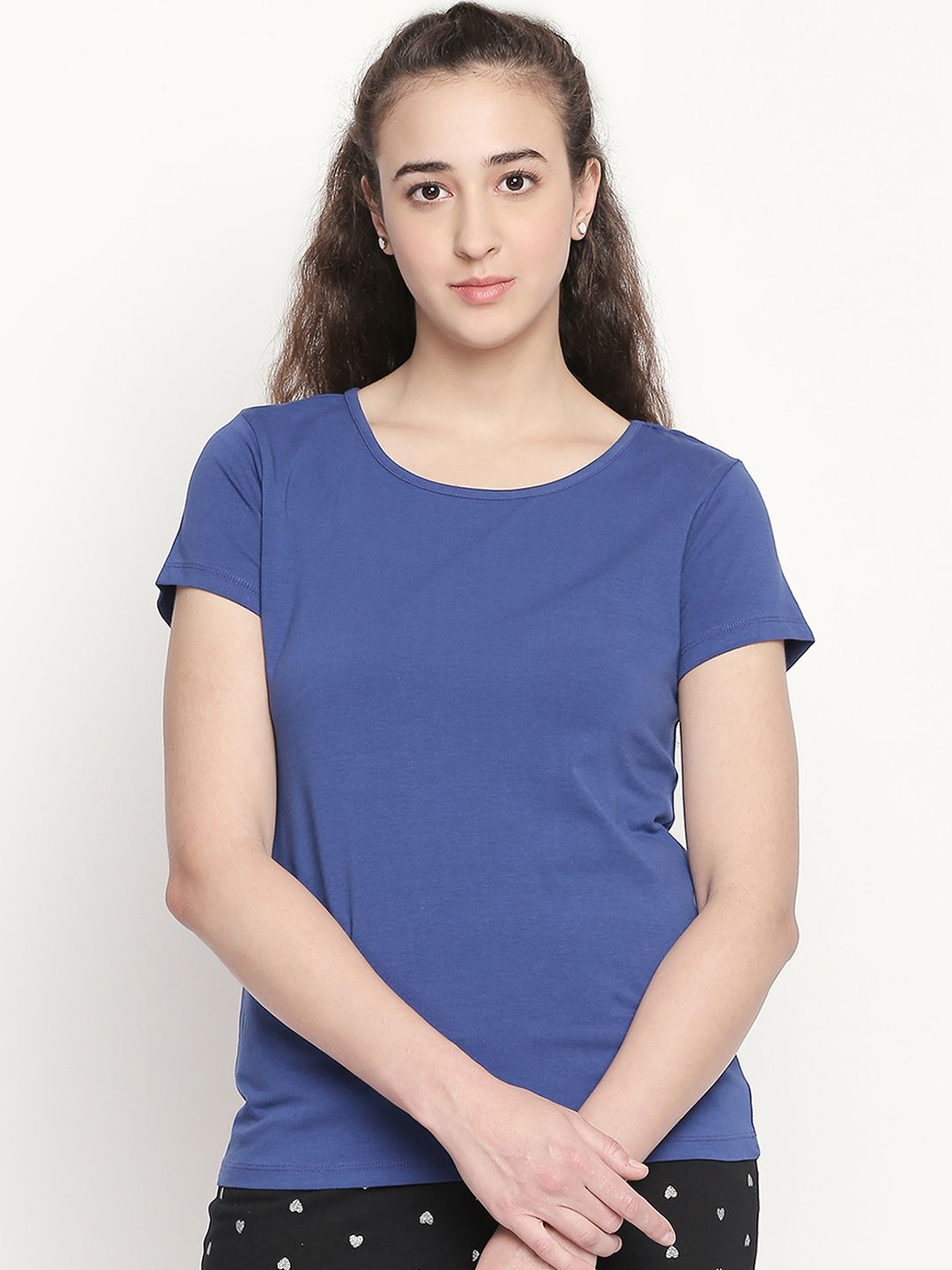 Dreamz by Pantaloons Women Blue Solid Round Neck Pure Cotton Lounge T-shirt Price in India