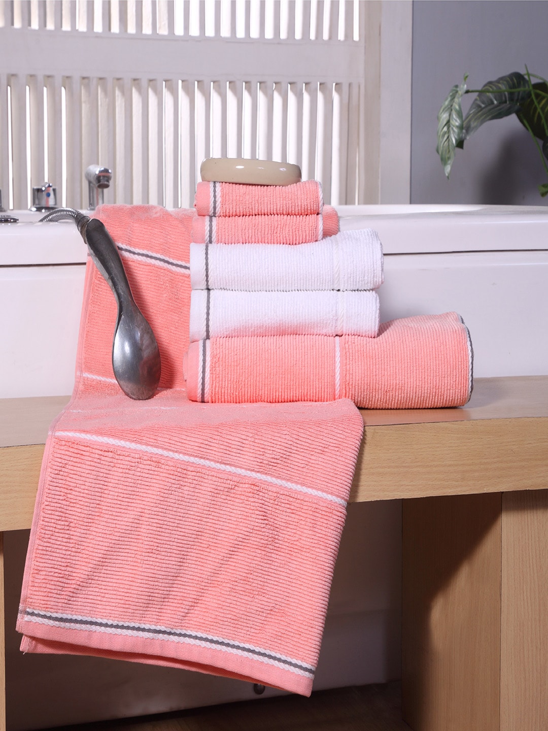 Avira Home Set of 6 Coral Pink & White 500GSM Towels Price in India