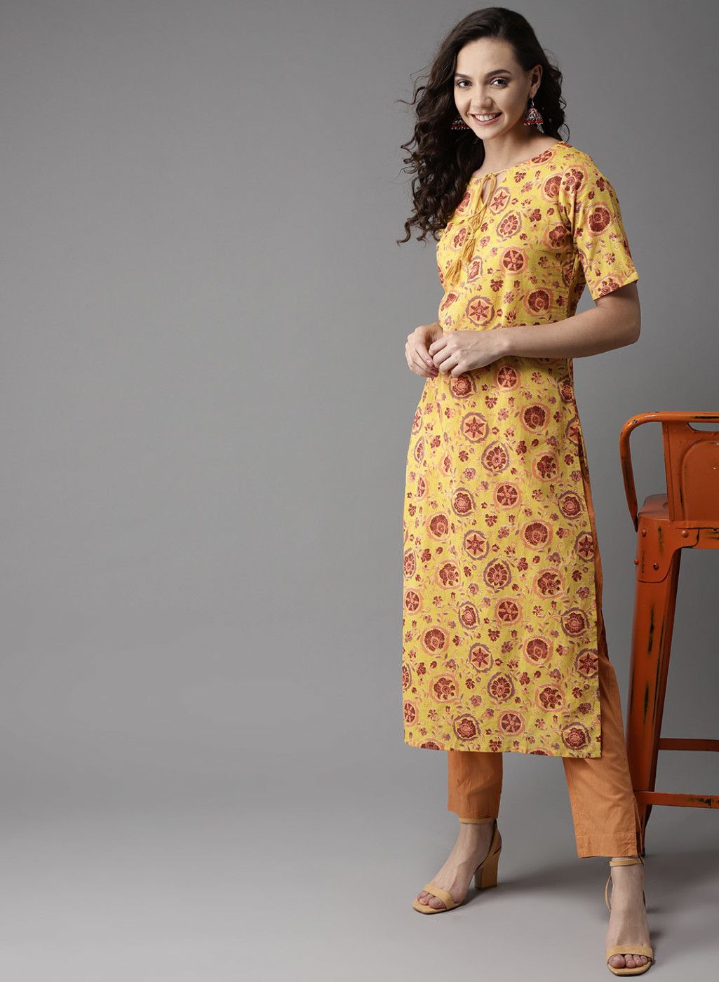 HERE&NOW Yellow & Orange Printed Straight Kurta