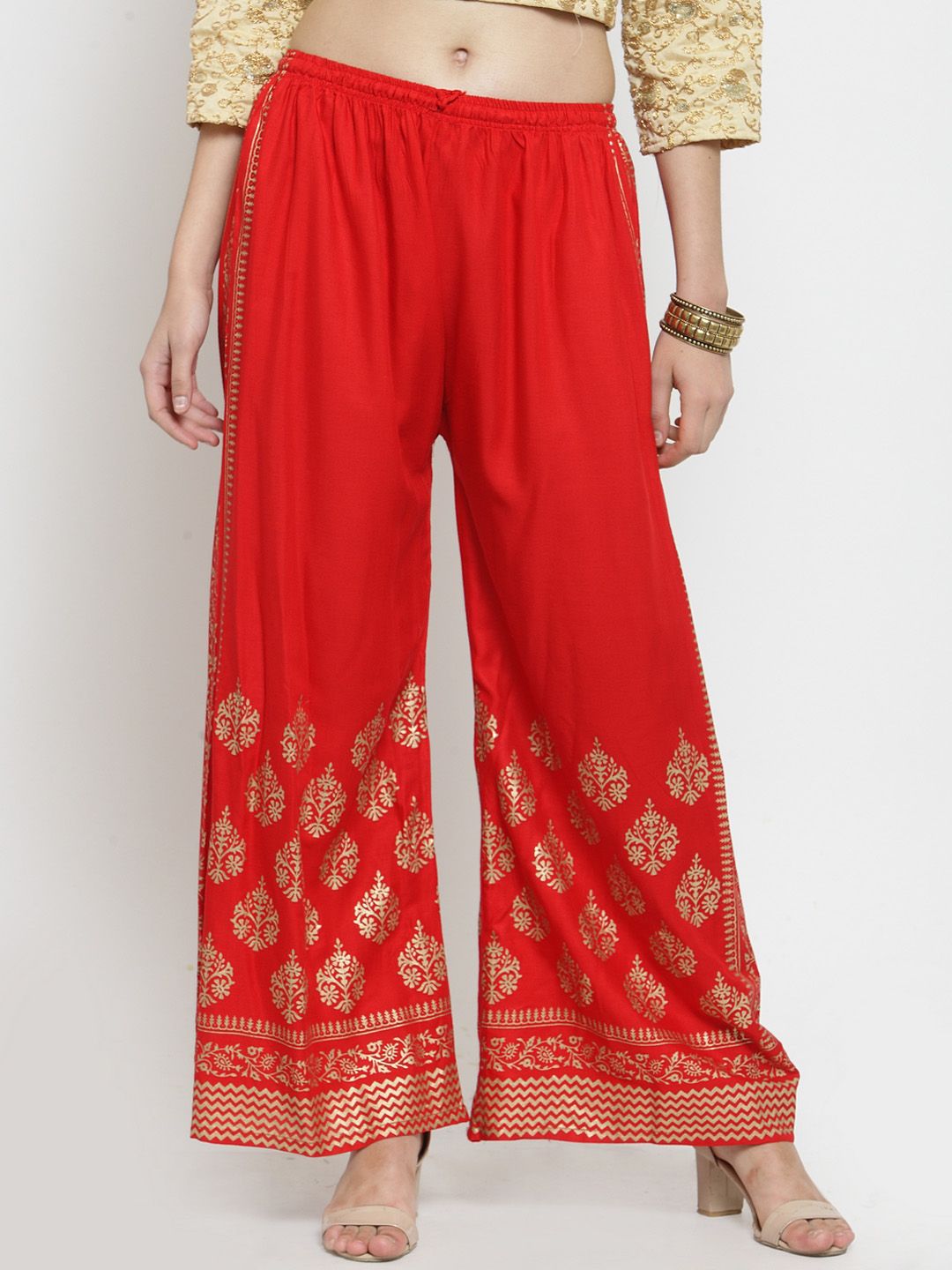 Clora Creation Women Red & Gold-Toned Printed Straight Palazzos Price in India