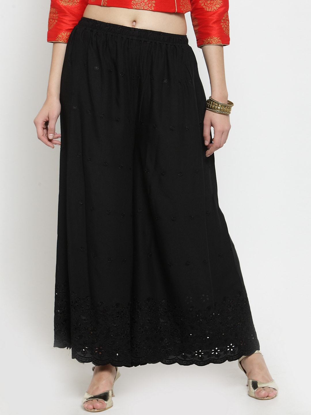 Clora Creation Women Black Embroidered Wide Leg Palazzos Price in India