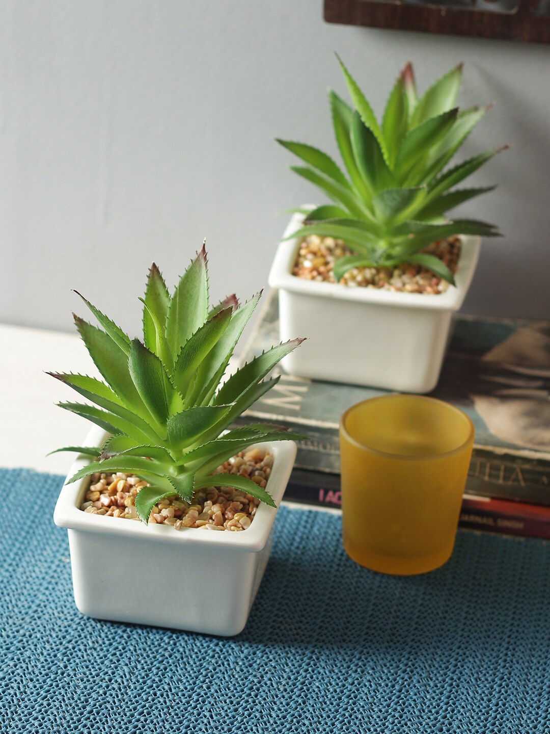 Fourwalls Set of 2 Green Artificial Succulent Plants with Ceramic Pots Price in India