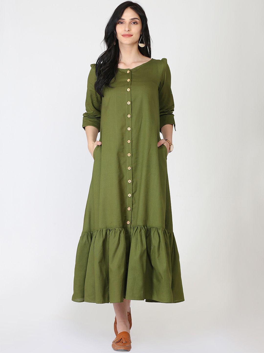 Abhishti Women Olive Green Solid A-Line Dress Price in India