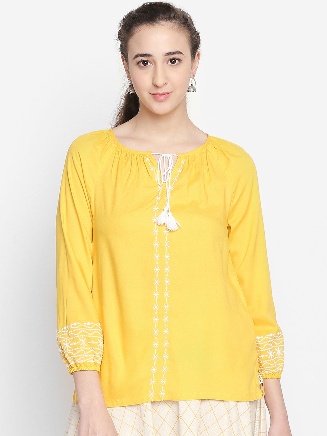 AKKRITI BY PANTALOONS Women Yellow Embroidered Top