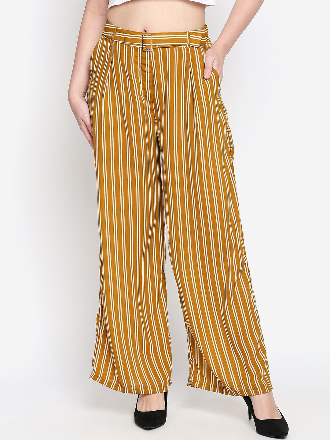 Oxolloxo Women Mustard Yellow & Off-White Regular Fit Striped Parallel Trousers Price in India